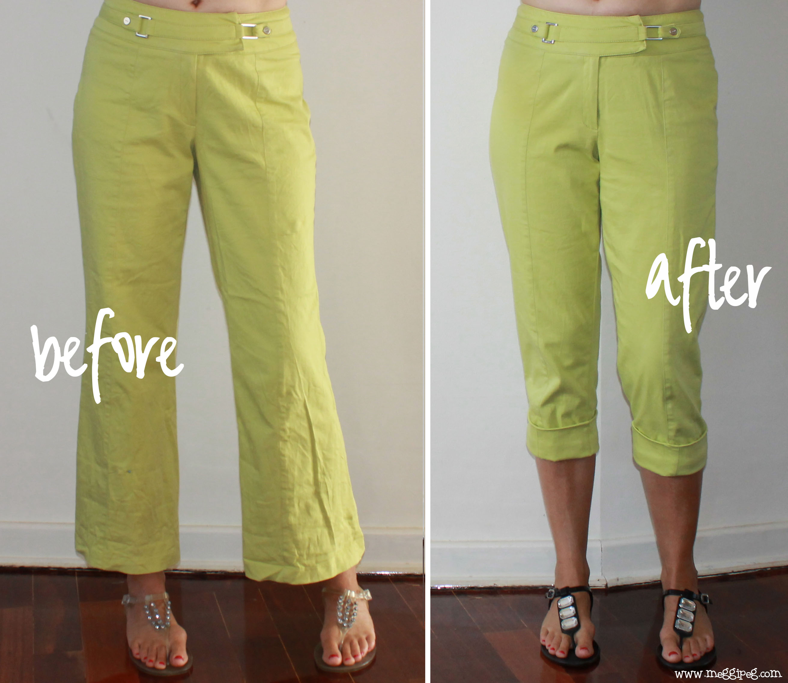 Refashion flared pants into skinny, cuffed capris Sewing Projects