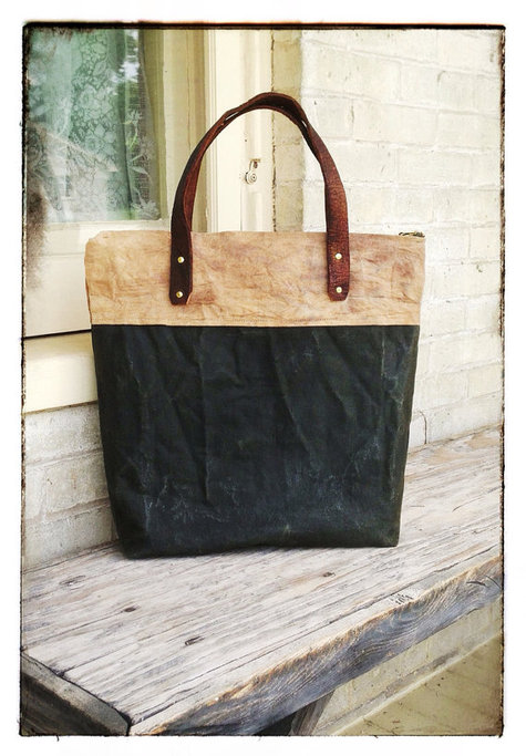 Two-tone Waxed Canvas Tote Bag with Leather Strap Handles – Sewing