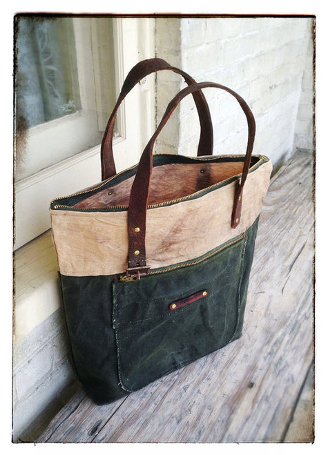 Two-tone Waxed Canvas Tote Bag with Leather Strap Handles – Sewing ...